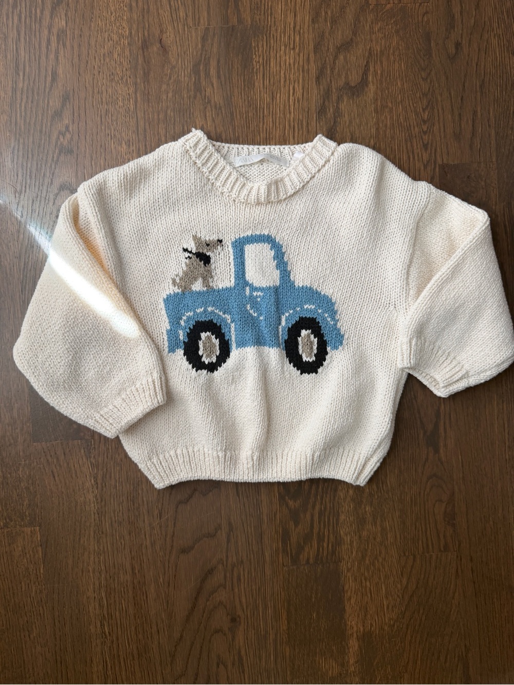 Zara Cream Knit Sweater with Blue Truck and Puppy Motif